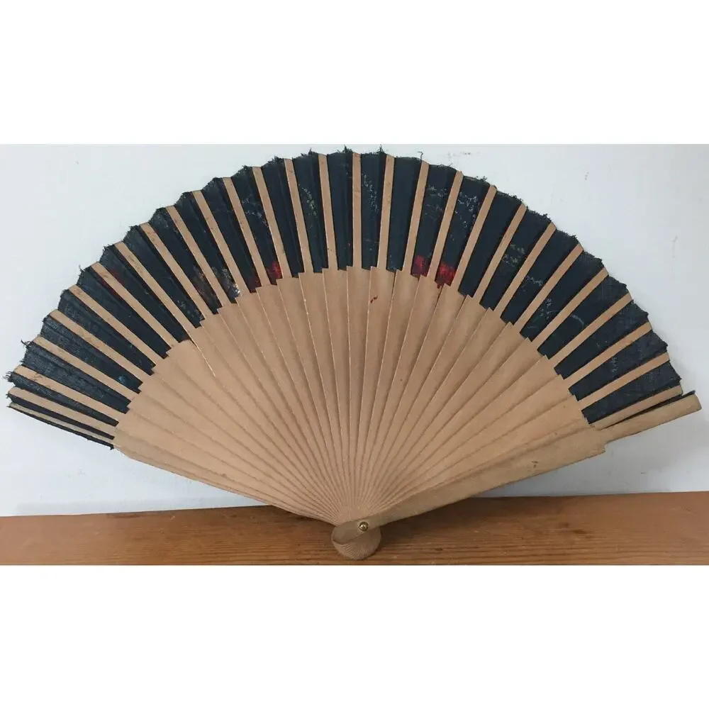 Vintage Antique Handpainted Wood Cloth Asian Japanese Chinese Sensu Fold Out Fan